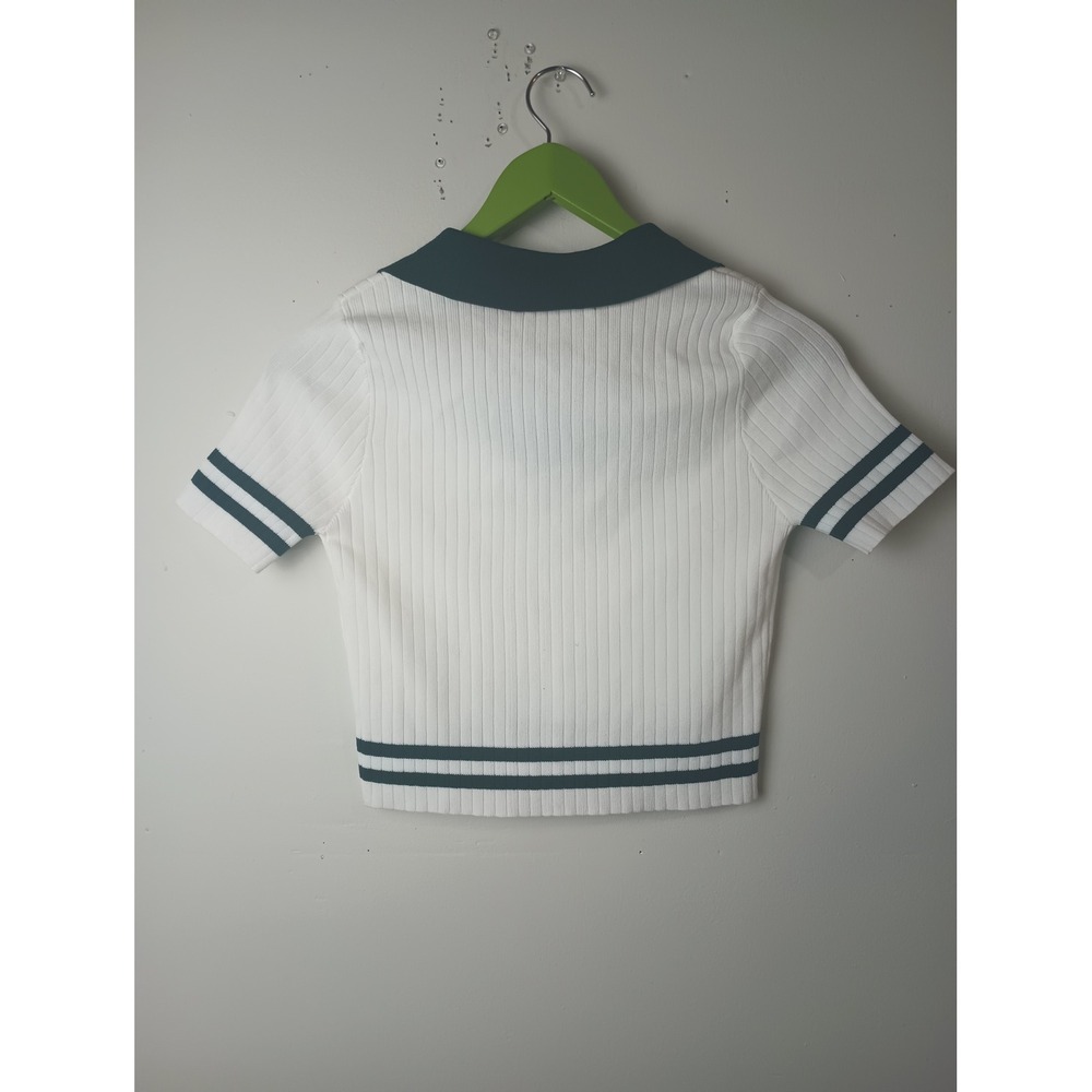 Cider Womens White Green Ribbed Knit Crop Polo Top Varsity Stripe Small NWT - Picture 4 of 4